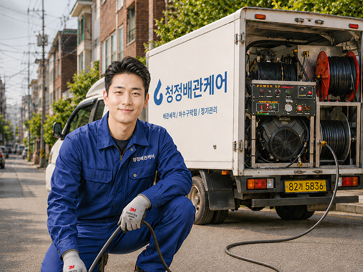 서울 강남 주택가 정화조 하수구 막힘을 고압세척 차량을 사용하여 뚫는 모습과 비용 문의 안내
