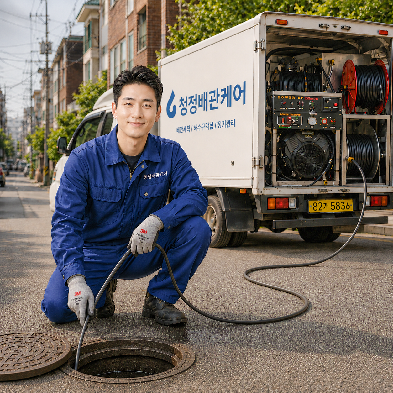 서울 강남 주택가 정화조 하수구 막힘을 고압세척 차량을 사용하여 뚫는 모습과 비용 문의 안내