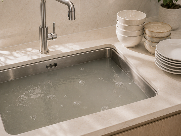 다세대 빌라의 기름때로 인해 막힌 싱크대의 모습과 6만원 출동 해결 비용을 안내